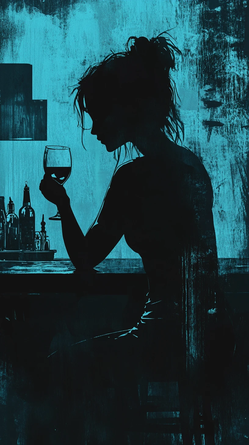 Melancholische Frau an einer dunklen Bar in türkisfarbener Silhouette