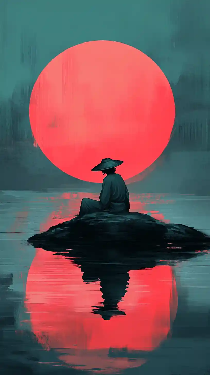 Solitary figure by a still pond before a blazing red sun