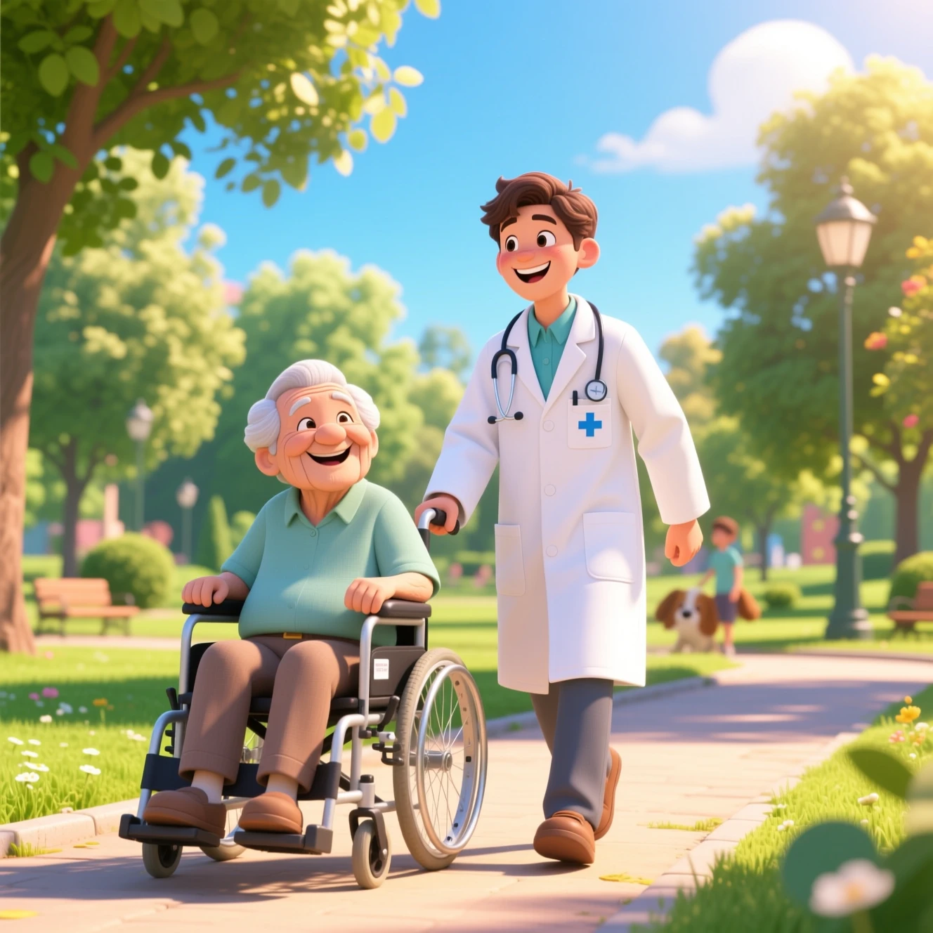 Young doctor pushing disabled senior in sunny park