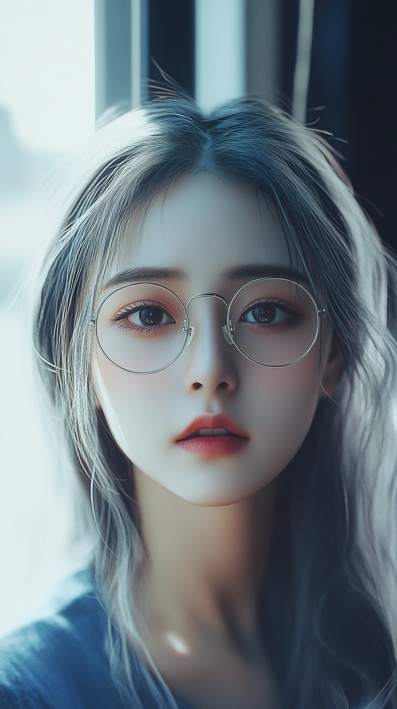 Anime-Mädchen mit weißen Haaren und silberner Brille in Nahaufnahme