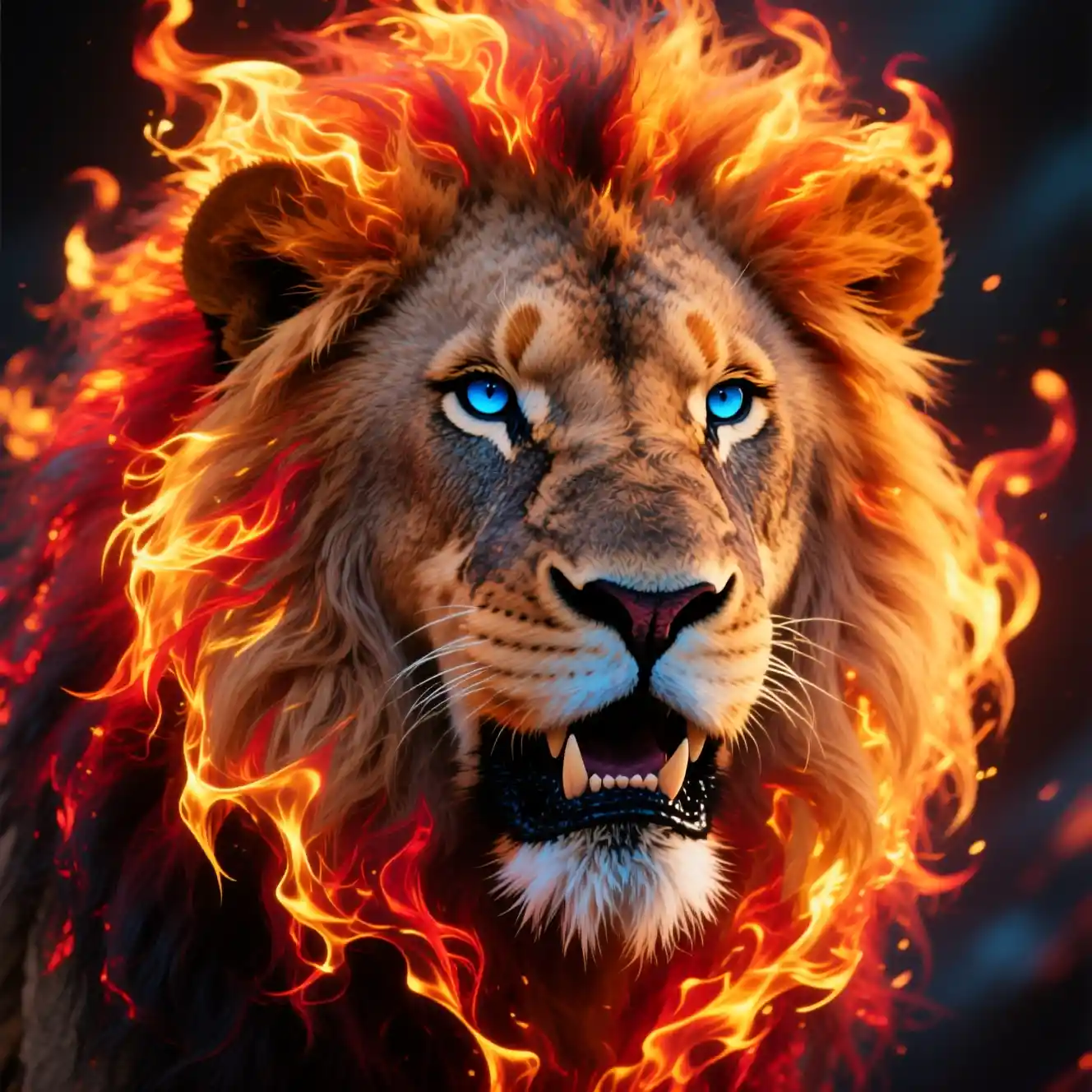 Fiery maned lion close up with blazing blue eyes