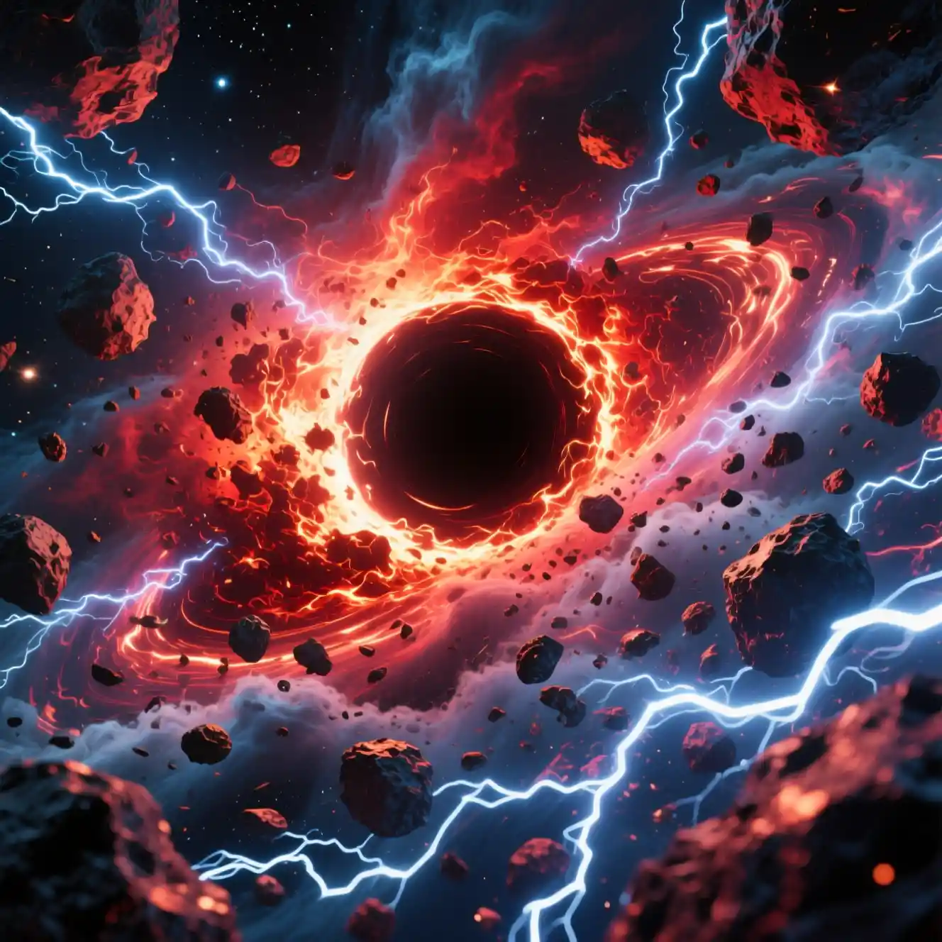 Red giant collapsing into a blazing black hole in space