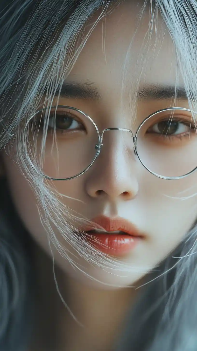 Chica de anime en primer plano con gafas plateadas y cabello blanco