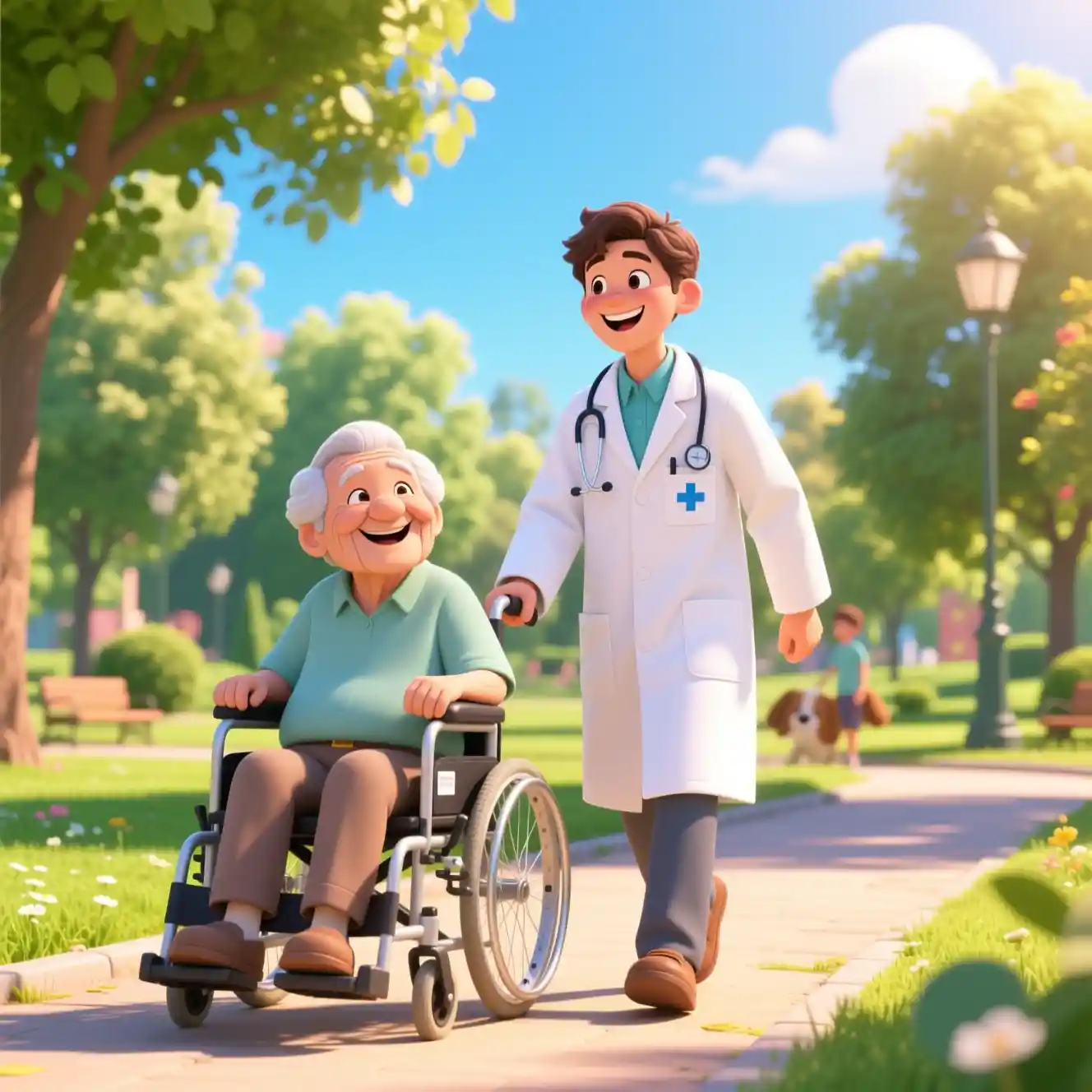 Young doctor pushing disabled senior in sunny park