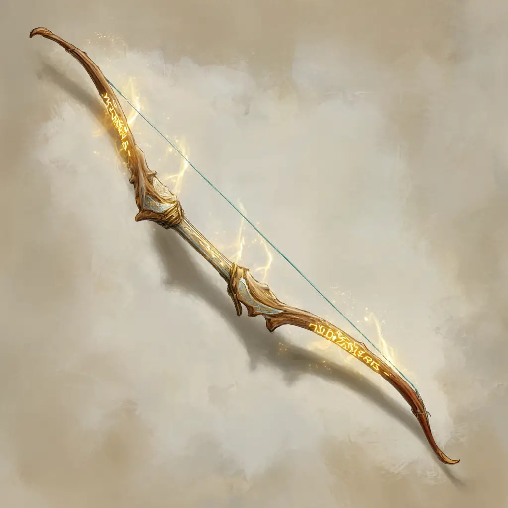 發光符文附魔長弓置於羊皮紙背景