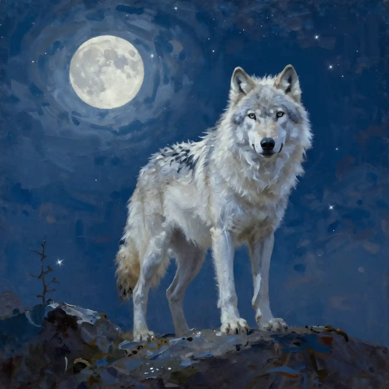 Lobo branco sobre rochas ao luar sob um céu noturno estrelado