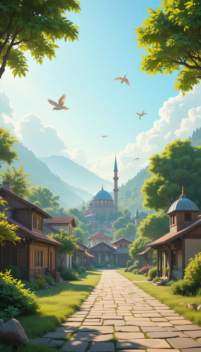 Peaceful village sunrise with mosque and flying birds