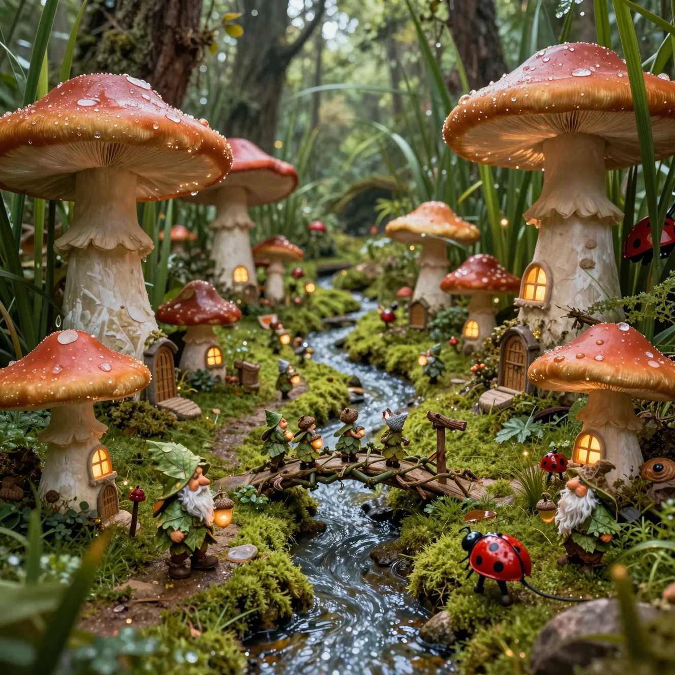 Minuscule village de gnomes parmi les champignons sur un sol de forêt luxuriant