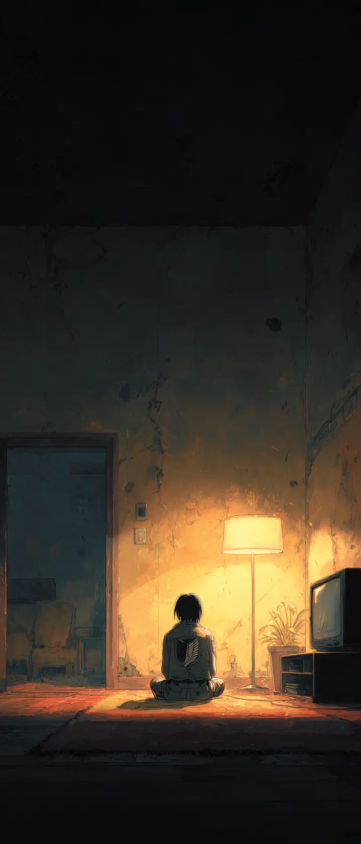 Hombre solitario sentado en un apartamento tenue con luz cálida