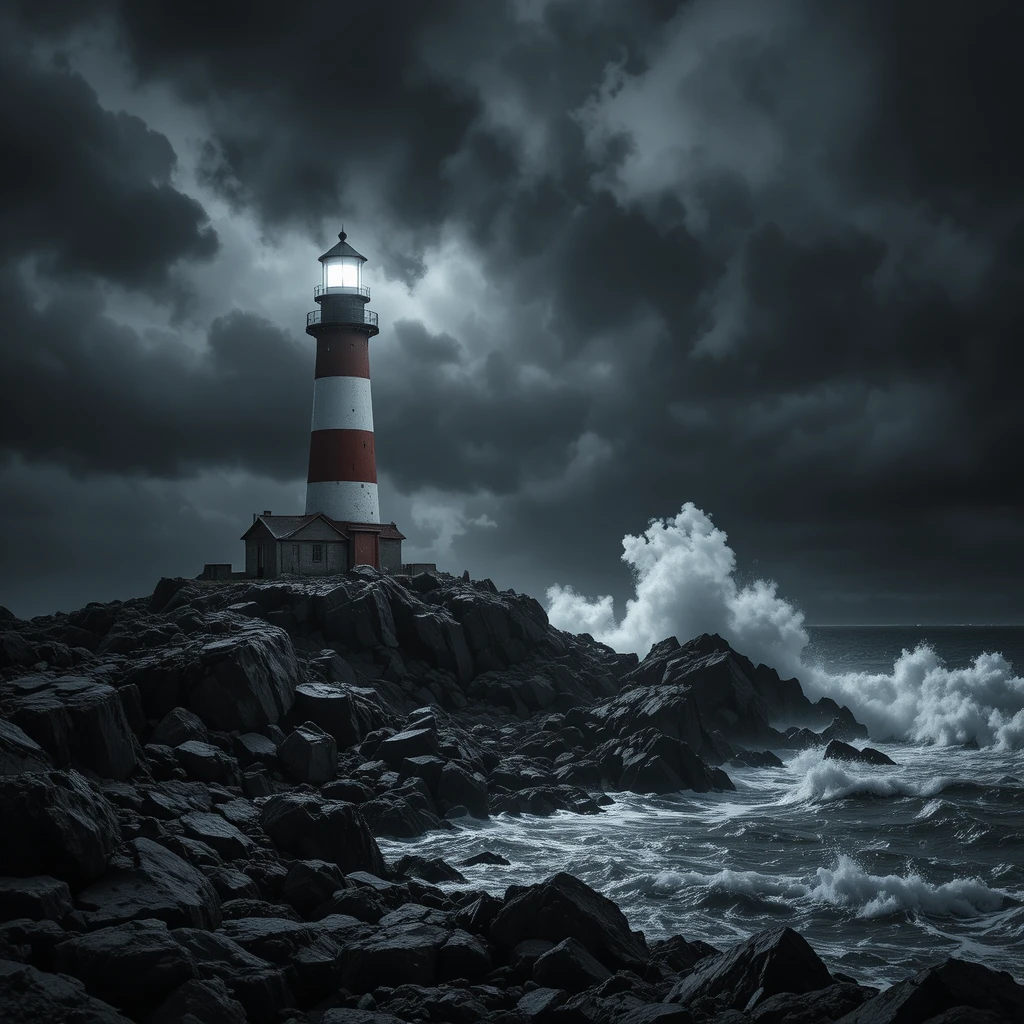 Dramatic lighthouse on stormy rocky coast at night