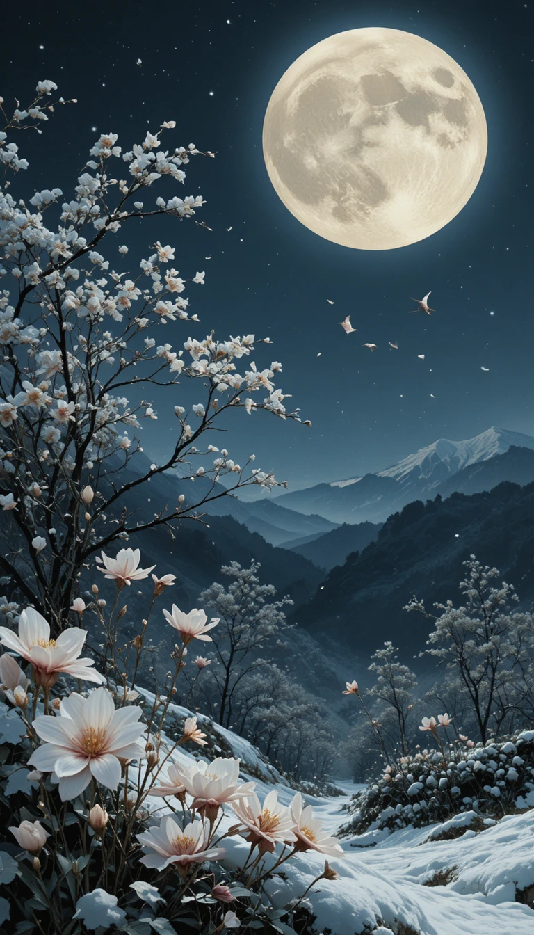 Flores silenciosas en la nieve bajo una brillante luna llena de invierno
