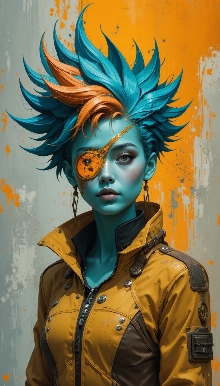 Figure androgynaire turquoise avec de forts accents cyberpunk orange