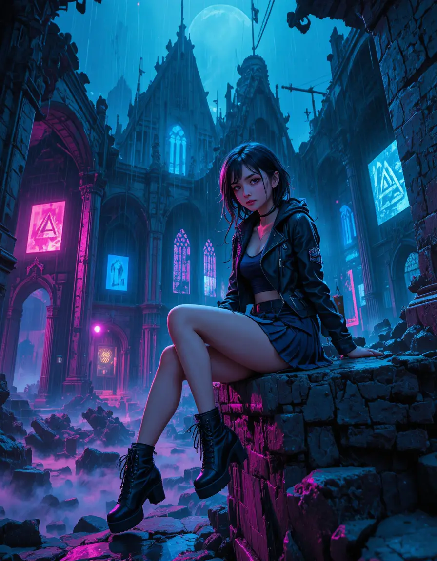 Garota de anime cyberpunk em ruínas de néon numa noite chuvosa