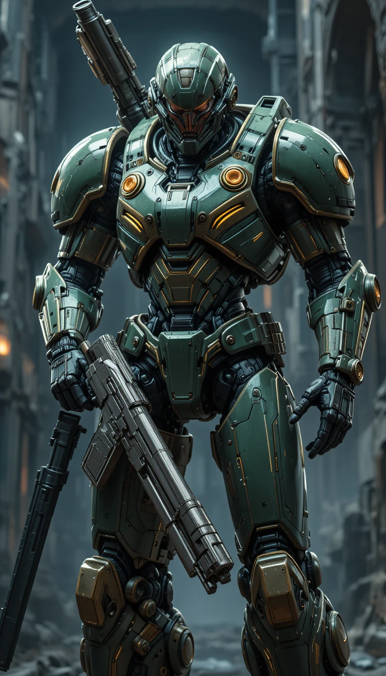 Gepanzerter grüner Mecha mit gewaltiger Sci‑Fi-Waffe
