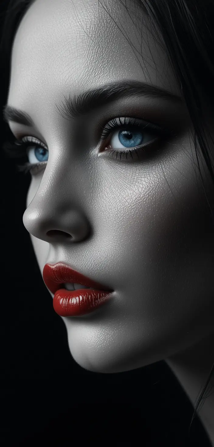 Glowing blue eyes and red lips in total darkness