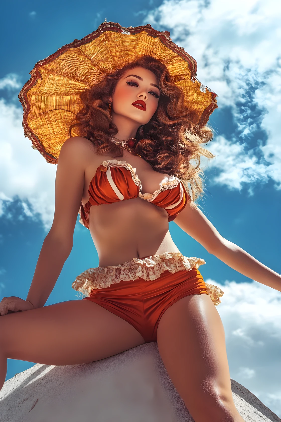 Donna pin-up da calendario vintage che posa su una piramide