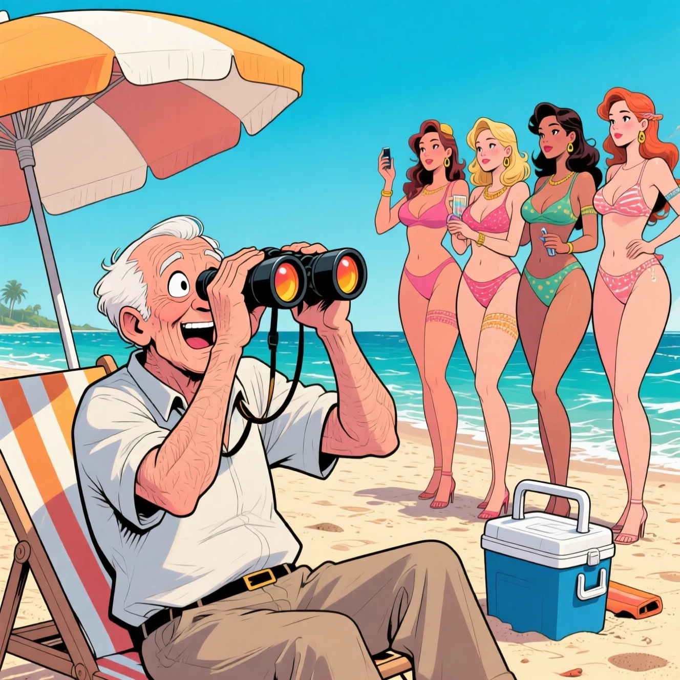 Elderly man watching women on a busy sunny beach