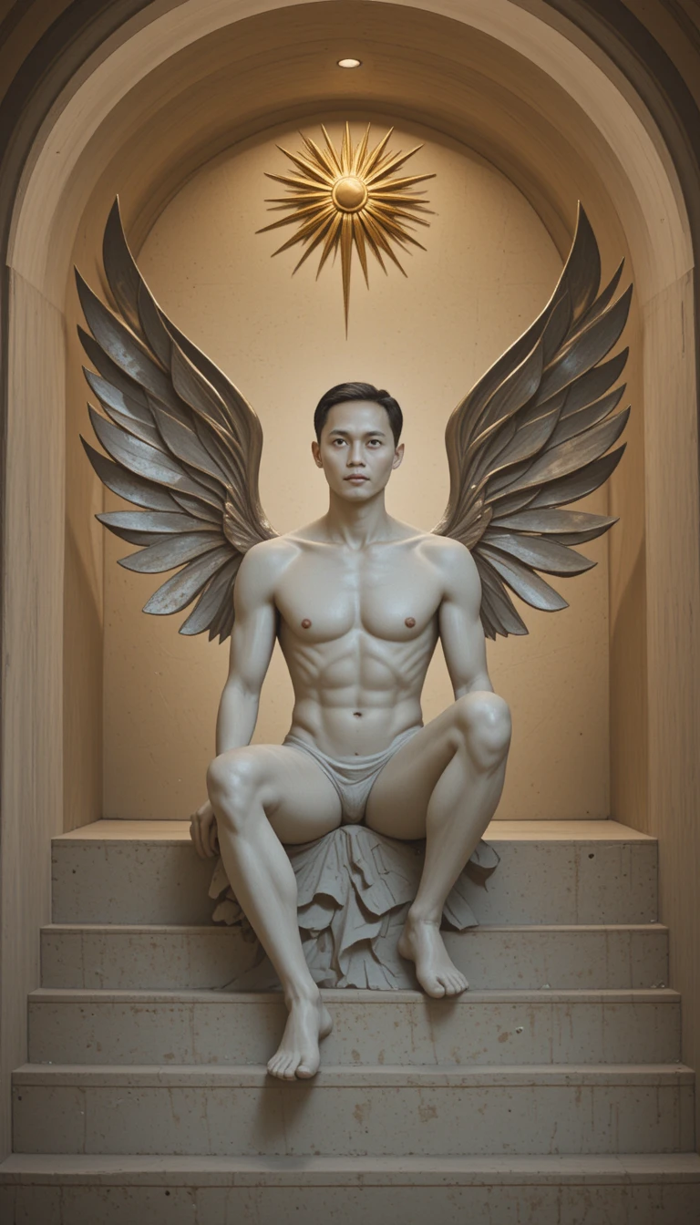 햇살 아치와 석계단 위의 남성 인물 조각상