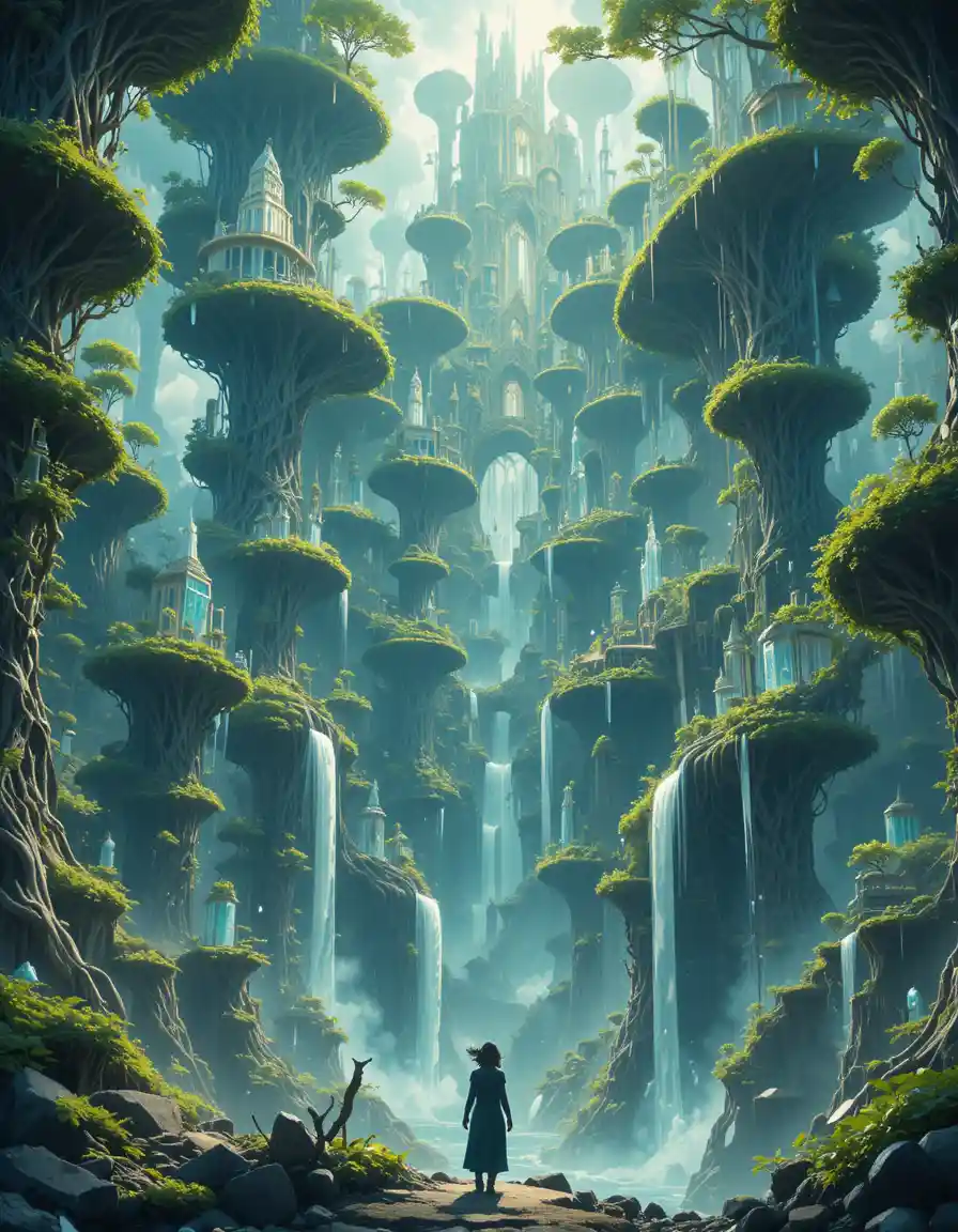 Gigantic Elven City Built On Floating Crystal Roots