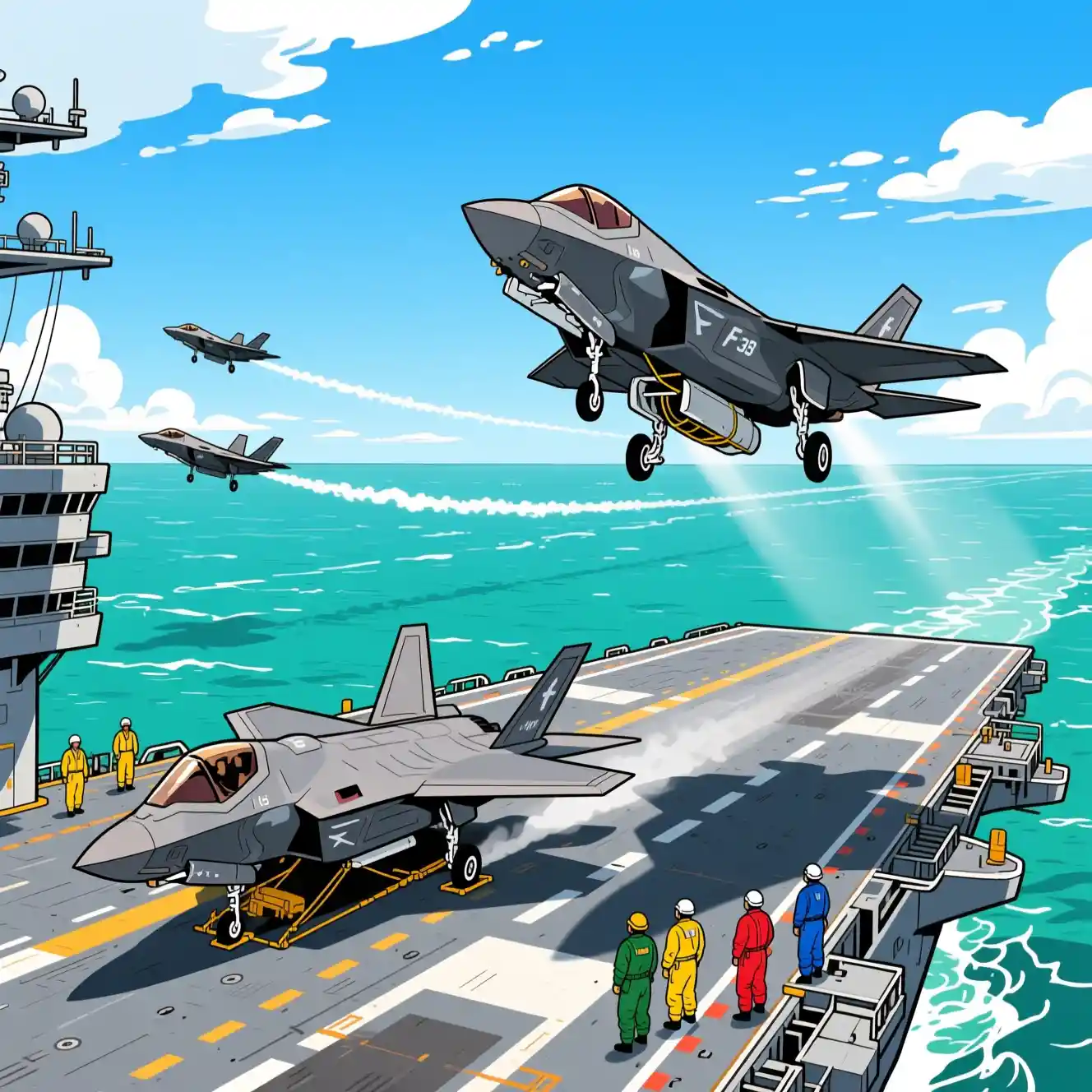 穏やかな海上の空母甲板で運用されるF35戦闘機