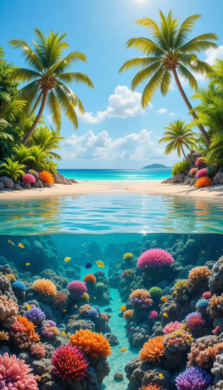 Tropical Split View Lagoon With Coral Reef And Palm Islets