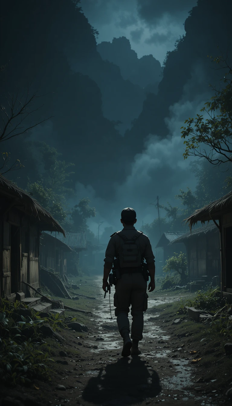 Soldado indiano armado aproximando-se de uma aldeia rural escura