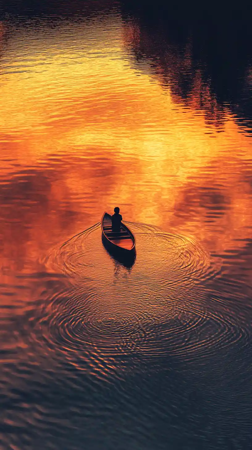Lone boat on a tranquil lake at golden sunset