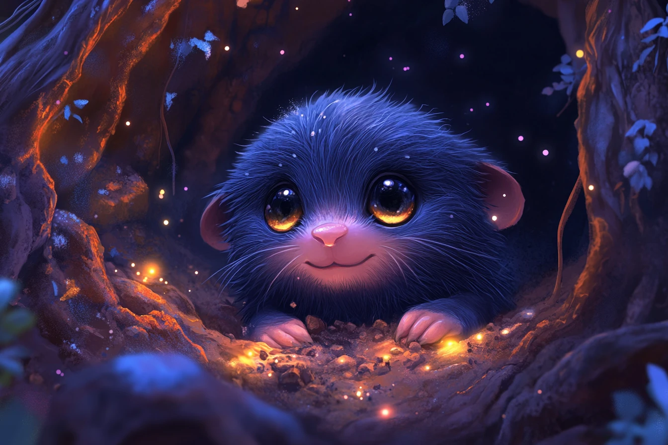 Adorable bebé topo en un túnel subterráneo de fantasía brillante