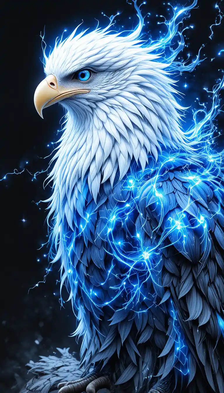 Majestuosa águila de energía azul con cabeza blanca brillante