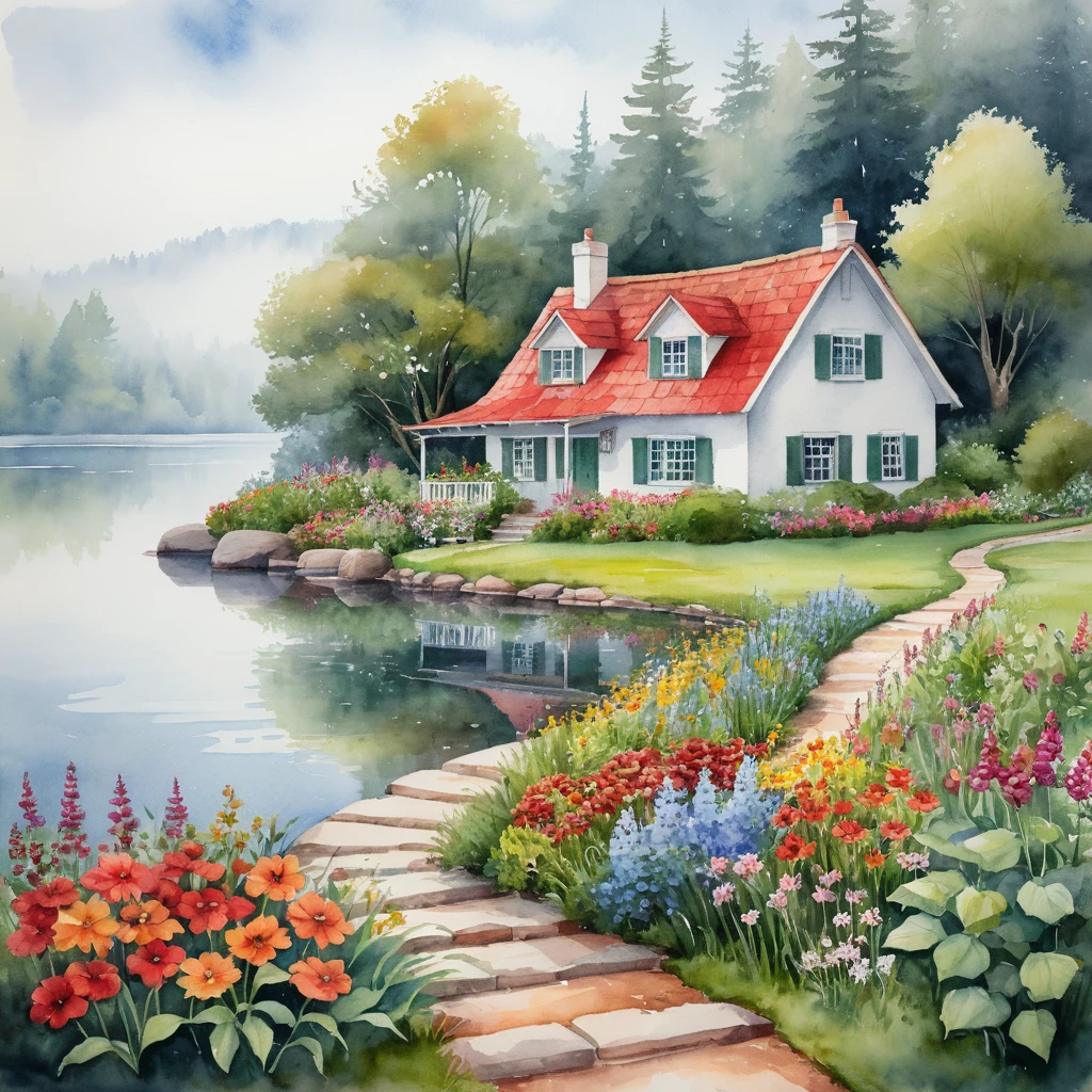 Rustikales weißes Cottage neben einem nebligen, spiegelnden Garten am Seeufer