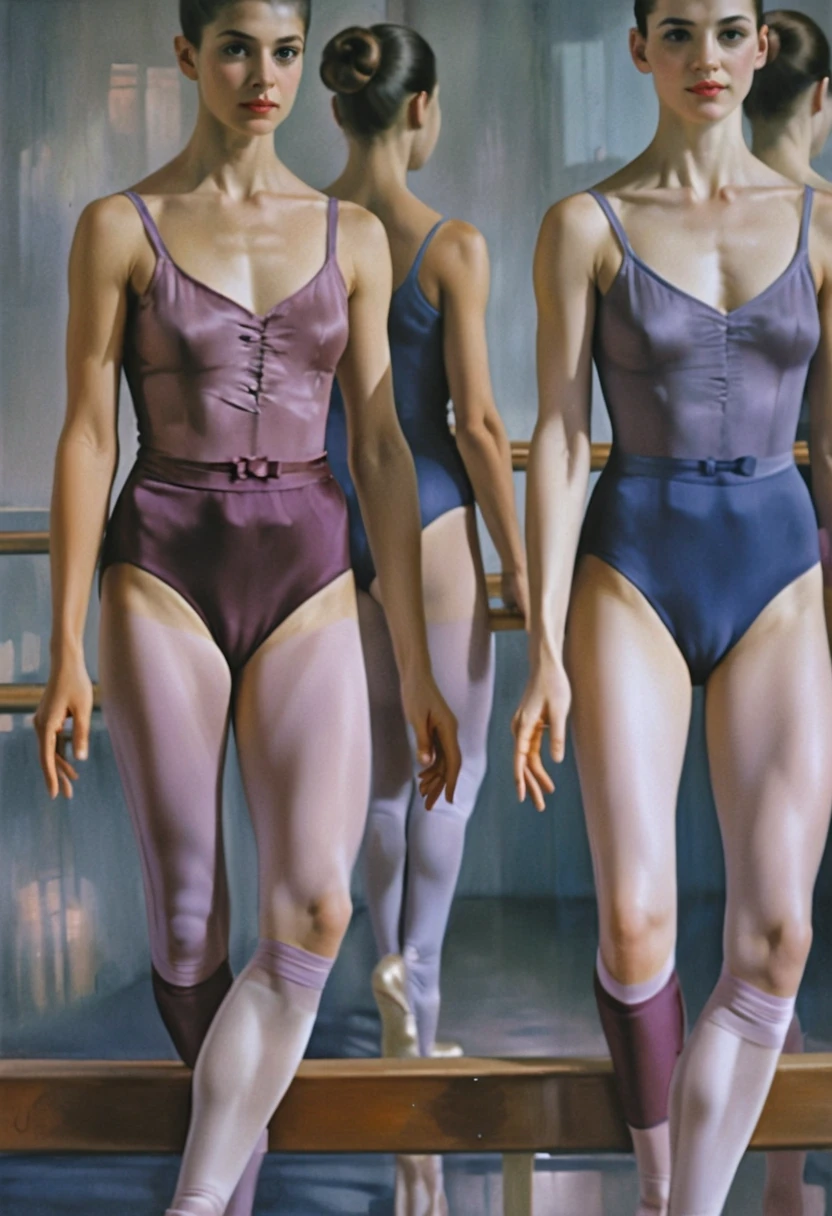 Three young ballerinas practicing at the studio barre