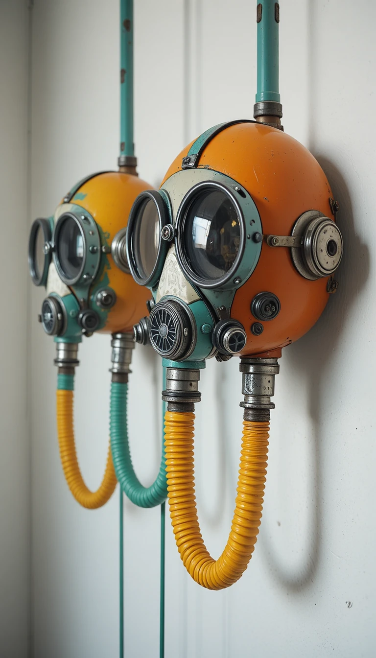Máscaras de mergulho vintage coloridas penduradas em uma parede branca