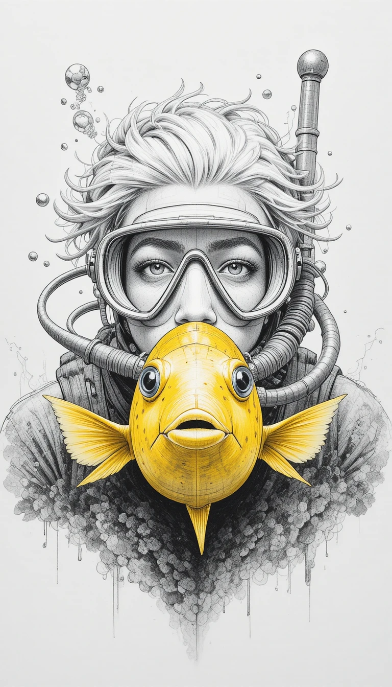 Boceto a lápiz de un buzo con pez amarillo manchado