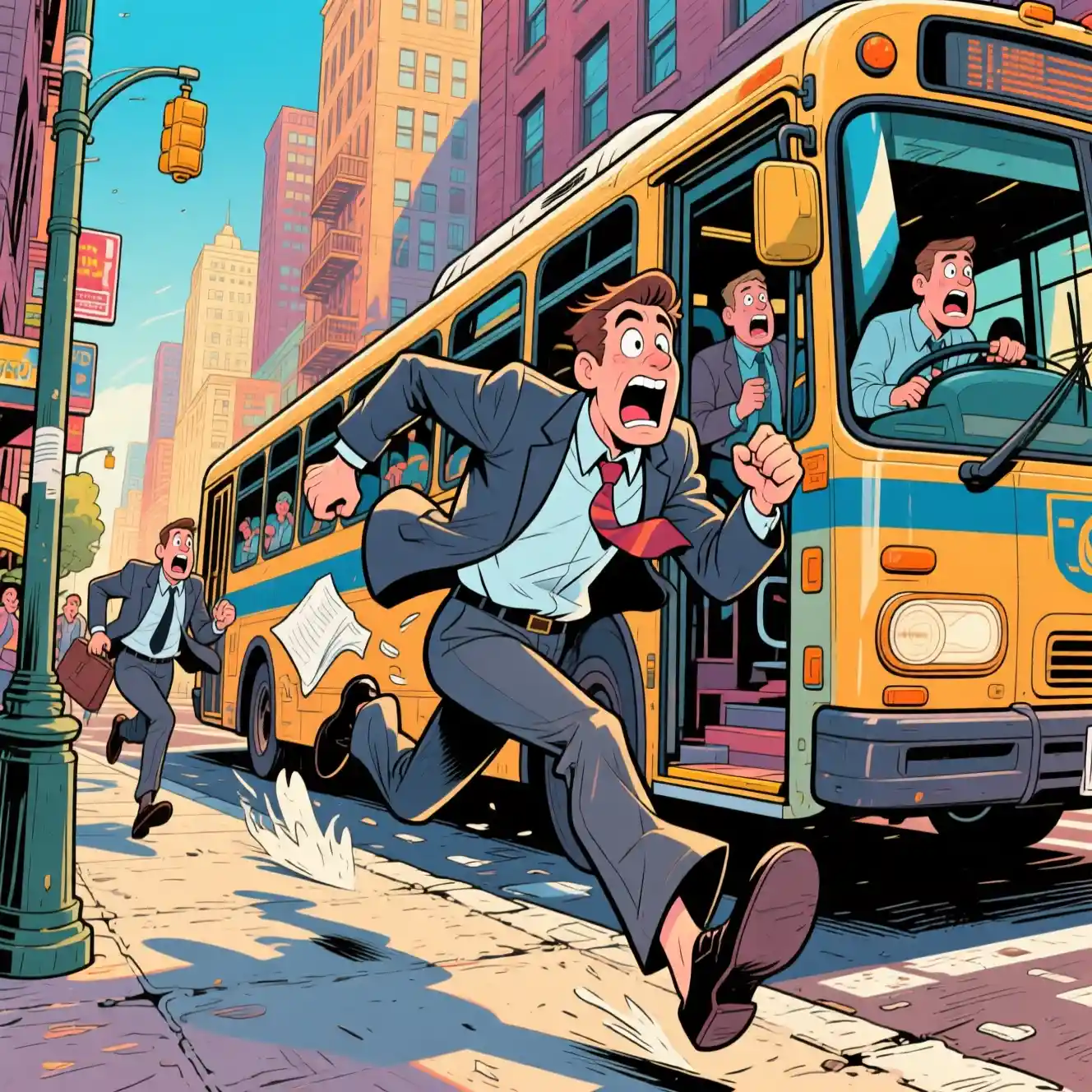 Employé de bureau stressé sprintant derrière un bus urbain