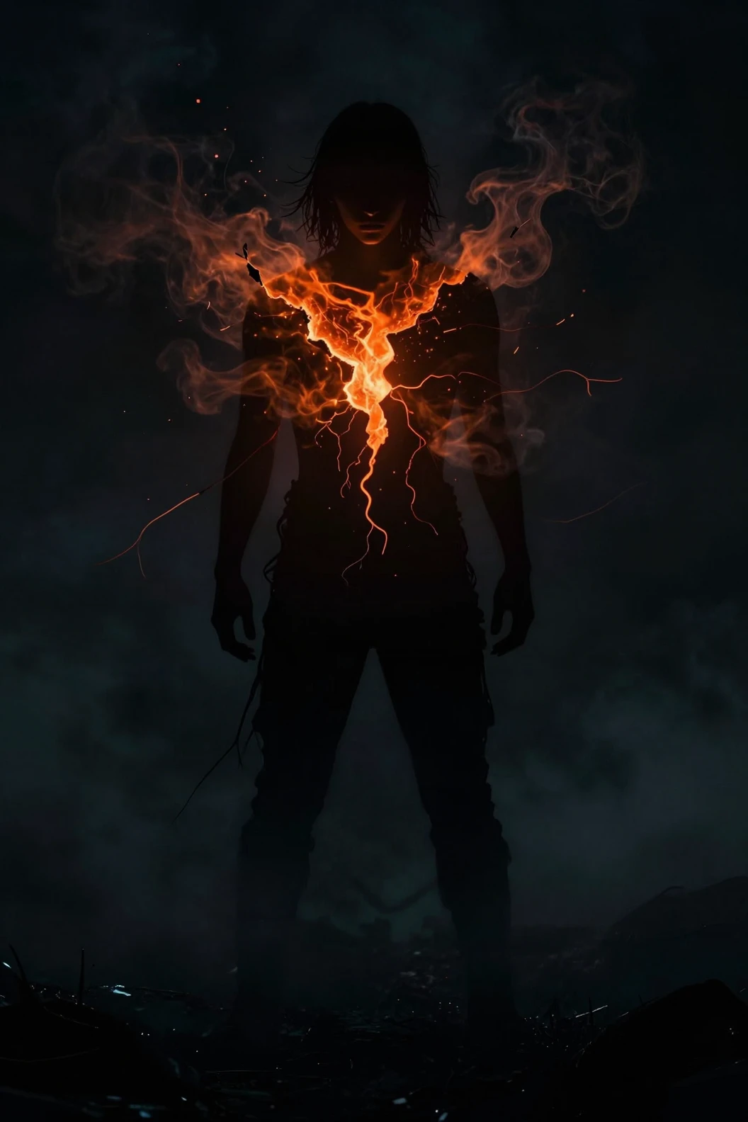 Silhouetted figure glowing with volcanic light in darkness