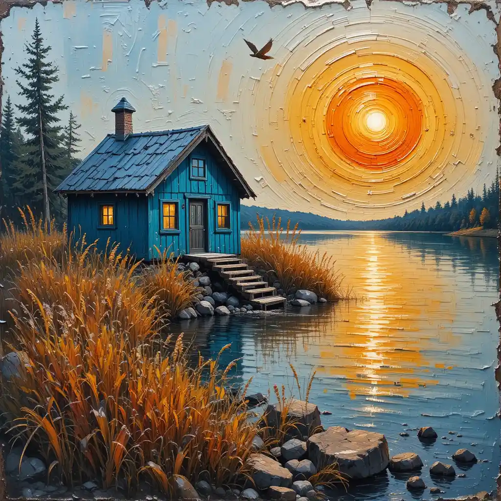 Cabane rustique bleue au bord du lac, peinture à l’huile au coucher du soleil