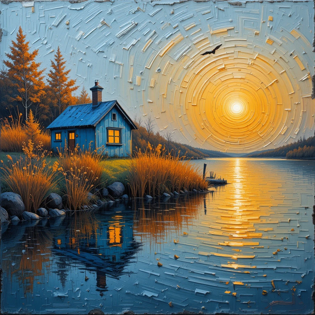 Rustikale Hütte am See als Ölgemälde bei leuchtendem Sonnenuntergang
