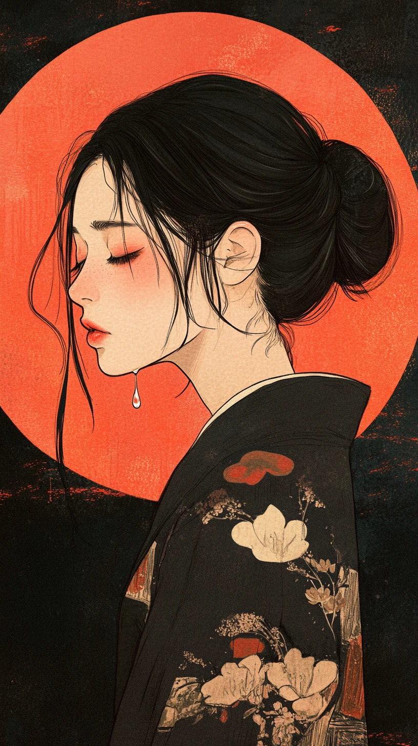 憂鬱和風深色和服動漫女子特寫肖像