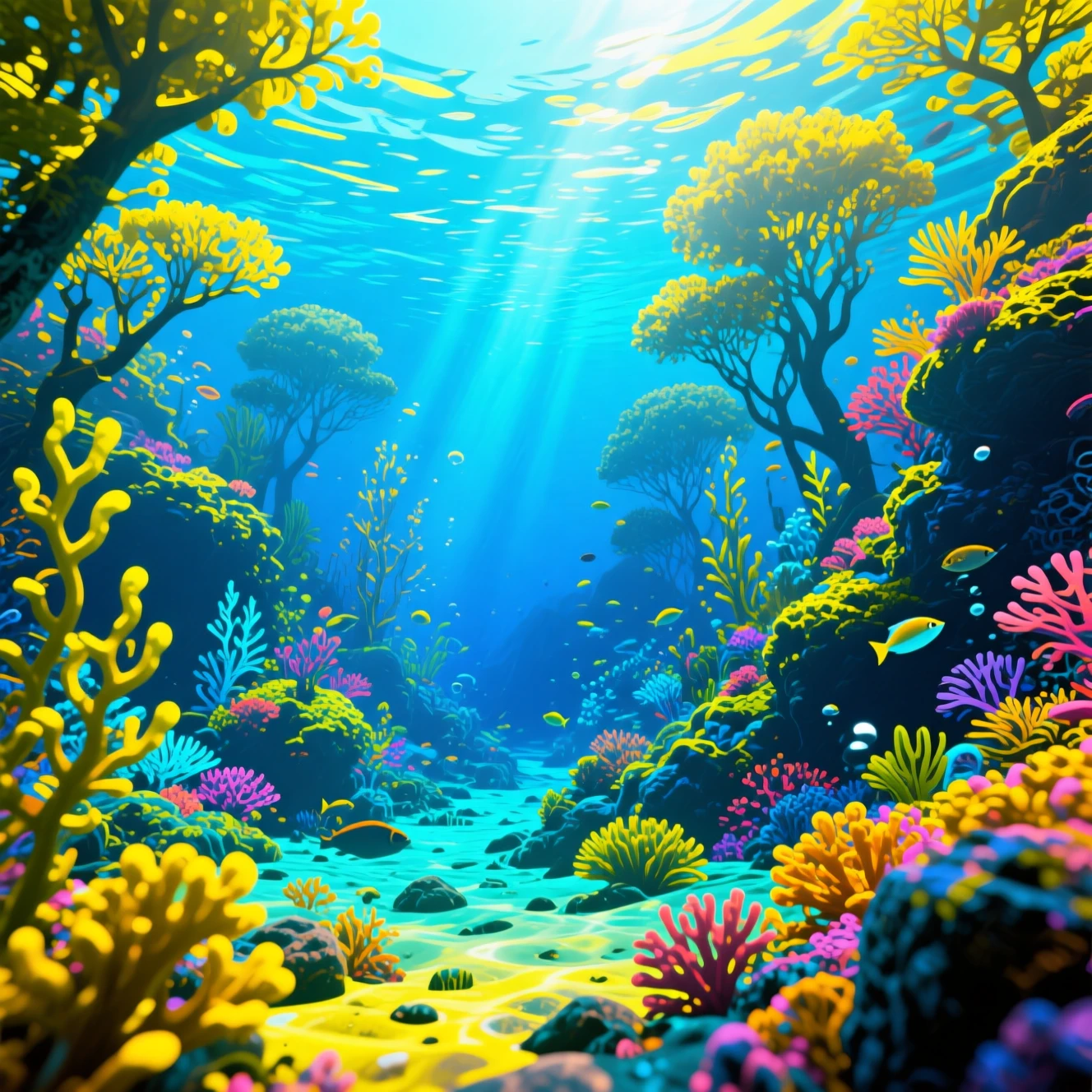 Récif sous-marin bleu vibrant en rendu 3D cinématographique