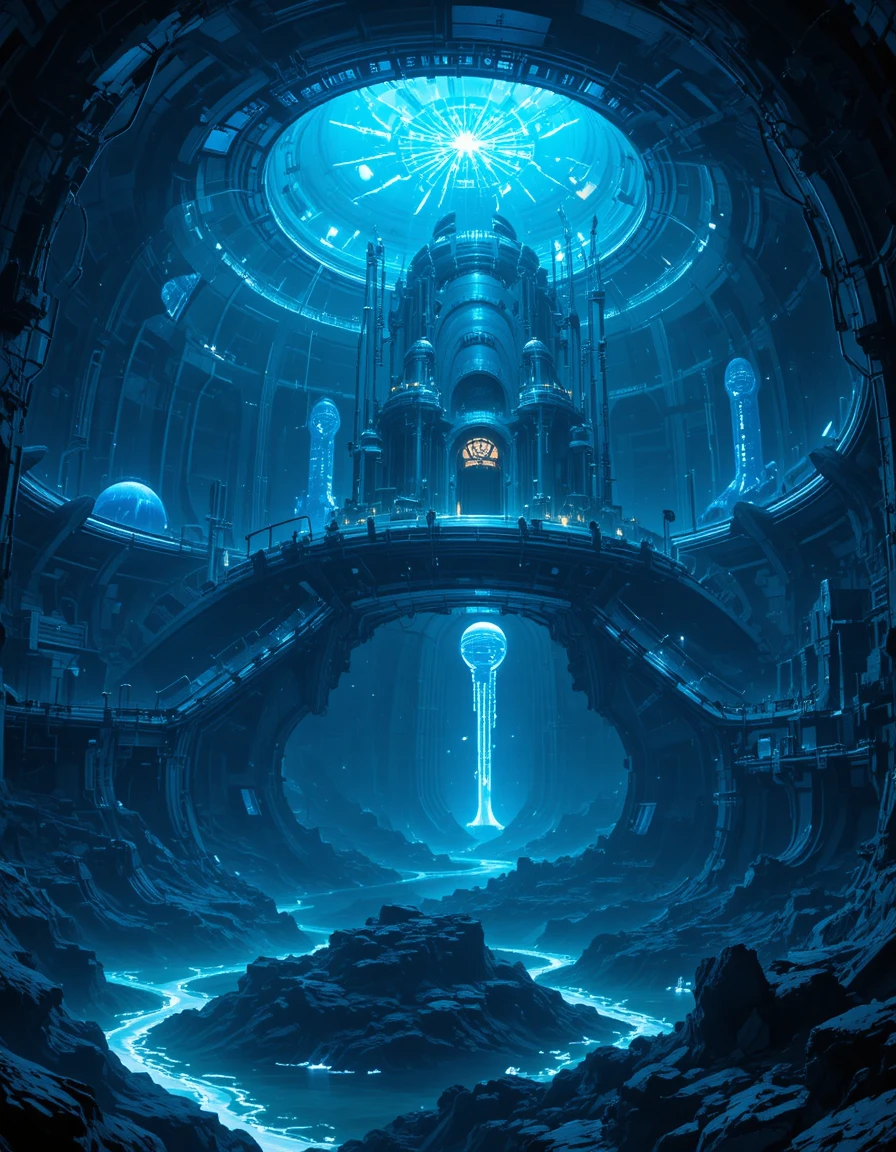 Base subaquática futurista com cúpulas brilhantes no abismo oceânico