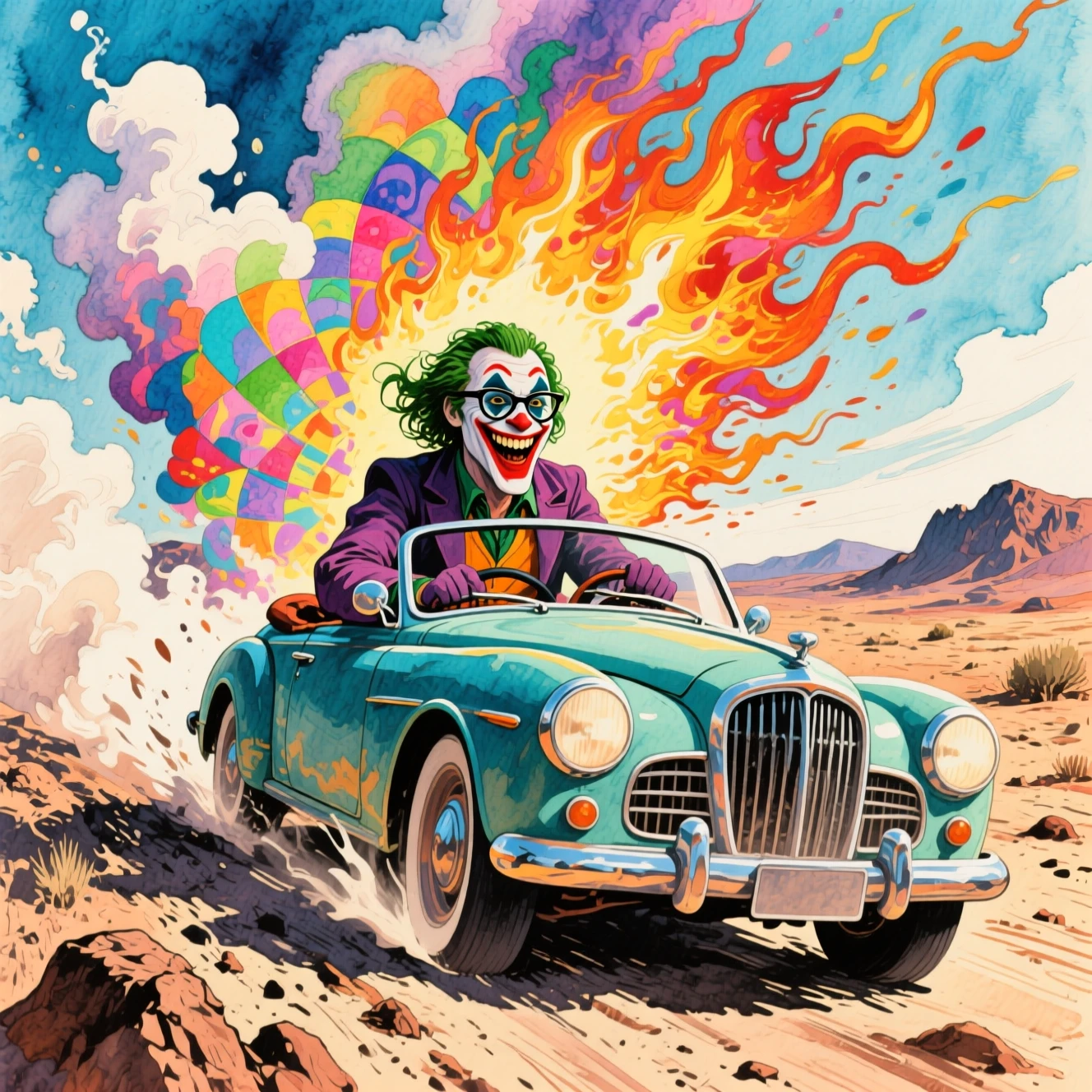 Palhaço surreal em aquarela correndo de carro antigo pelo deserto