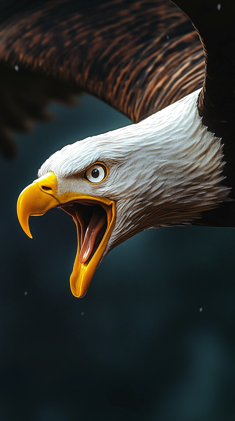Bald eagle attacking in flight against black background