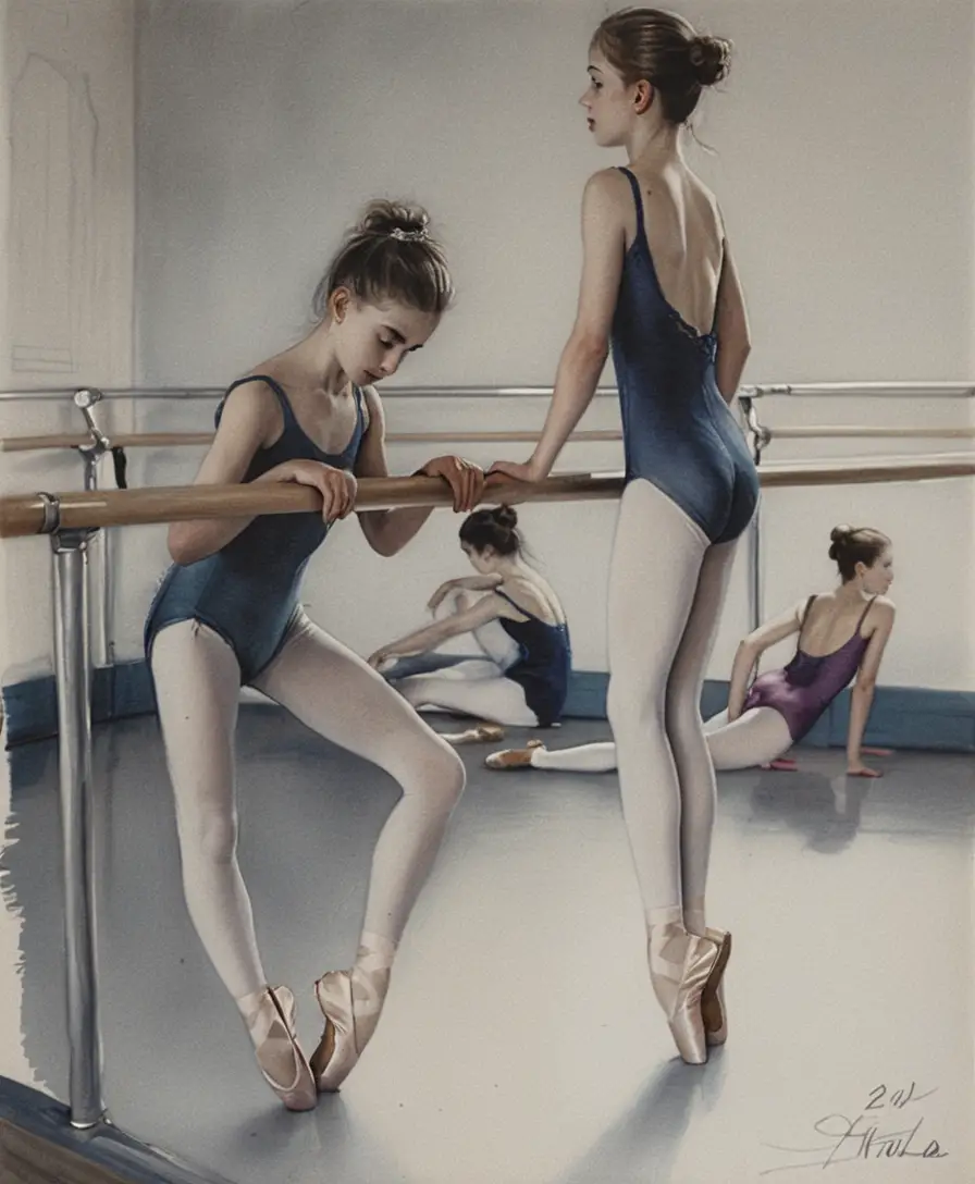 Tre giovani ballerine alla sbarra in uno studio silenzioso