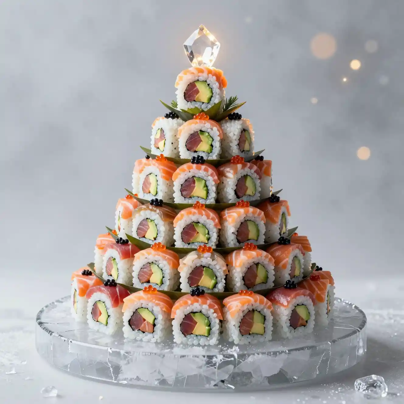 Sculpture de sapin de Noël en sushi sur glace en lumière de studio