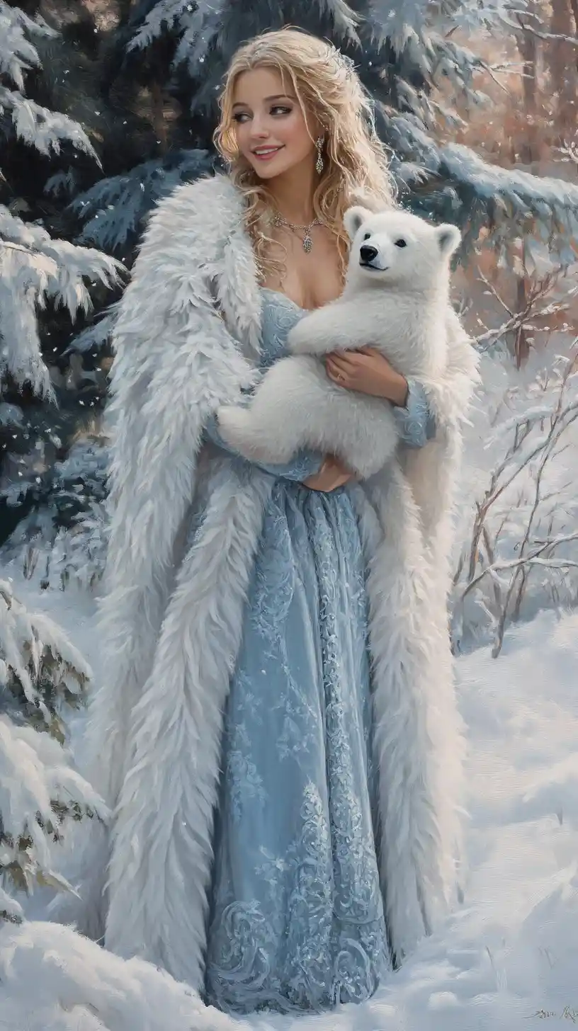 Smiling woman holding polar bear in a snowy forest