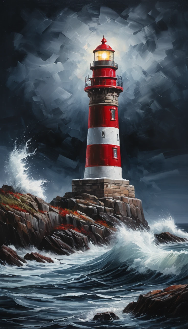 Red And White Lighthouse In Stormy Winter Night Waves