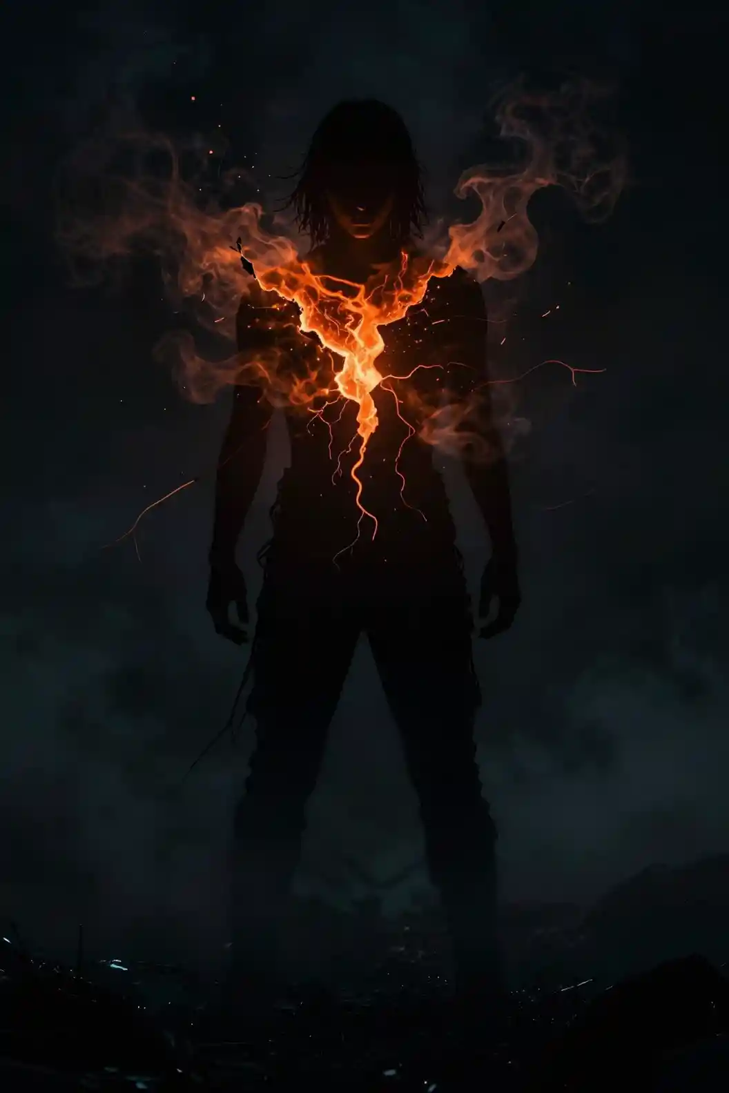 Silhouetted figure glowing with volcanic light in darkness