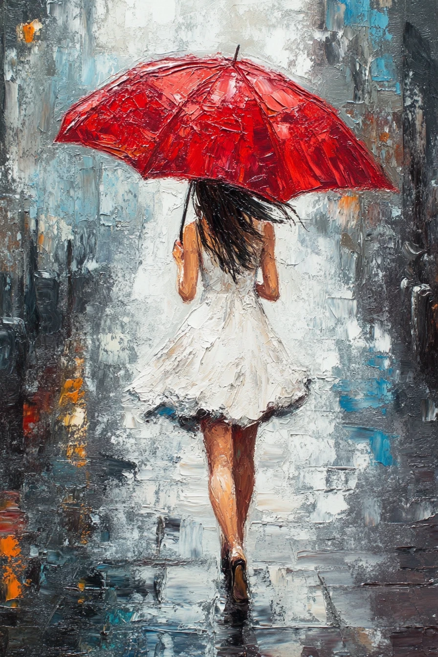 Mulher elegante com guarda-chuva vermelho em rua chuvosa da cidade