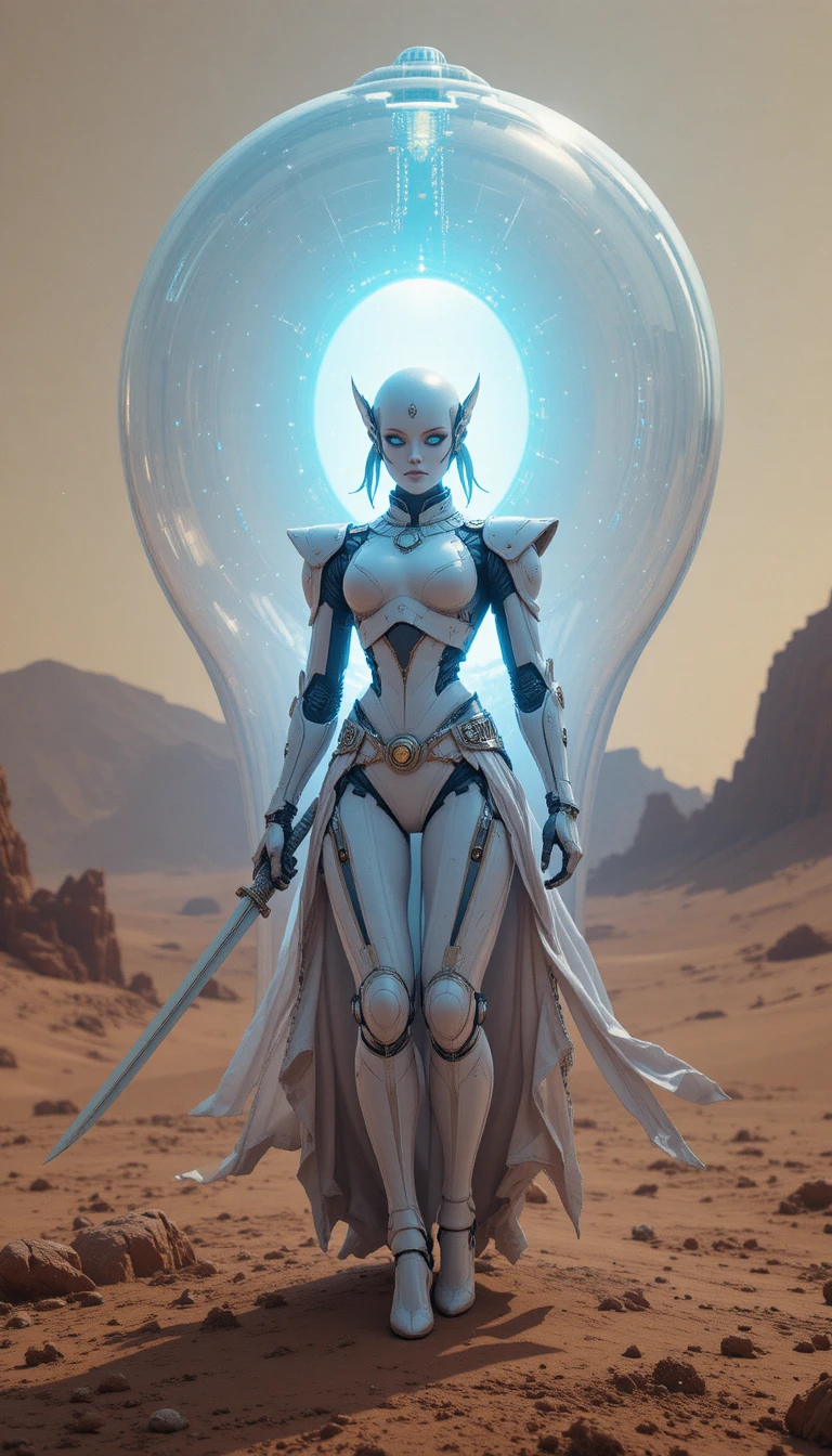 Nordic female robot warrior inside a glowing Mars reactor bulb