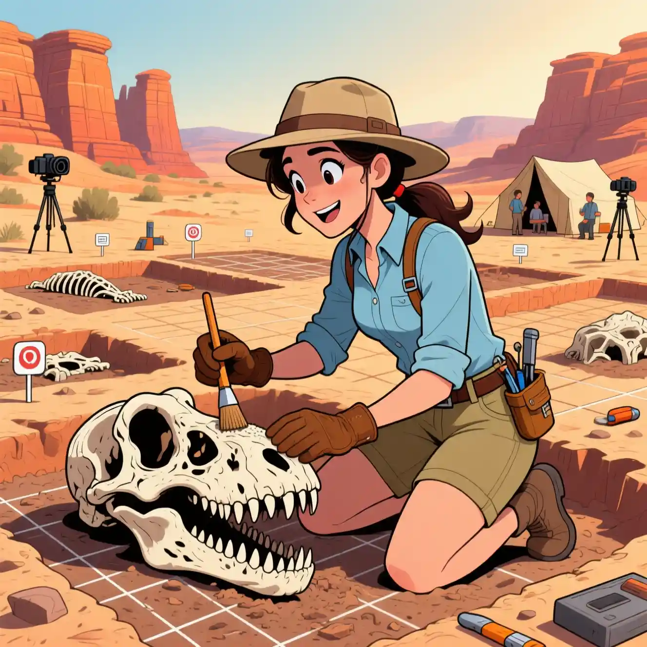 Young woman archaeologist cleaning a dinosaur skull